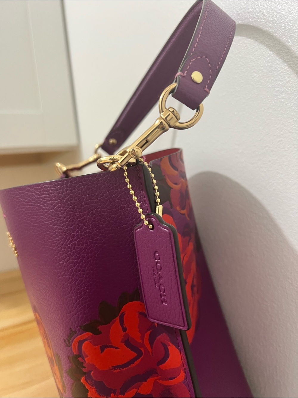 Coach Purple Floral Leather Bucket Bag - Picture 14 of 15